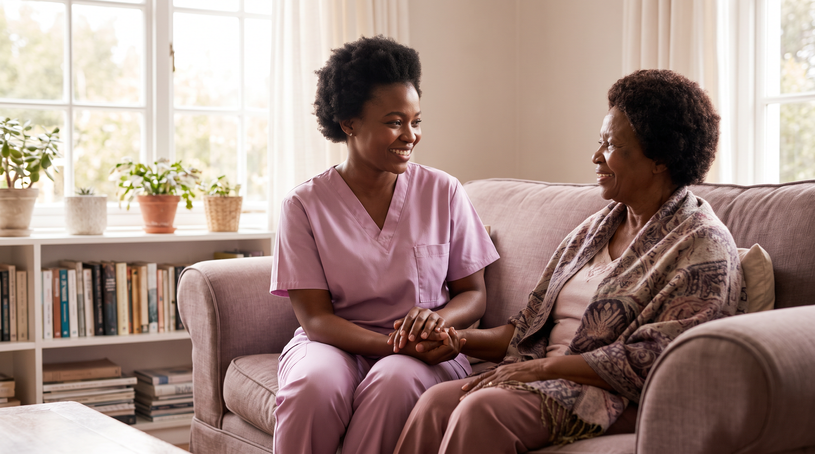 A Uzorlove nurse caring for an elderly client at home